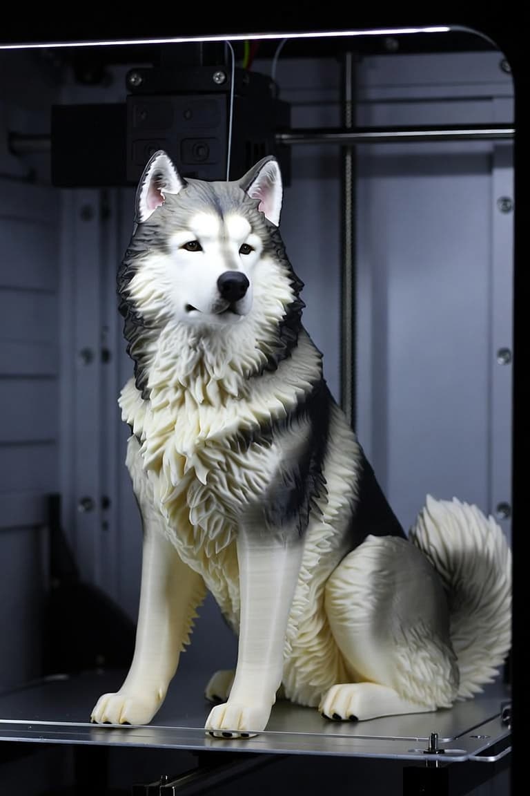 Colour 3D-printed husky sitting on the print bed inside a 3D printer