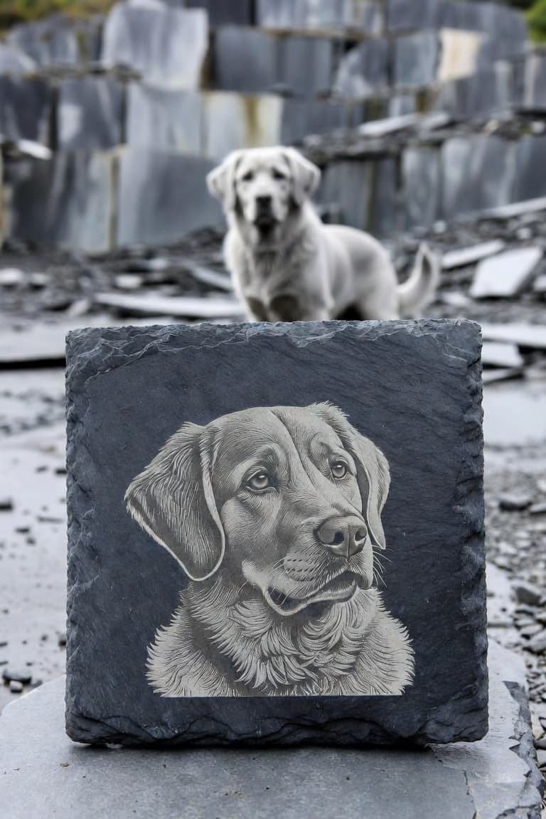 Square slate coaster engraved with a pale dog, standing on slate with the same dog among stacked slabs behind it