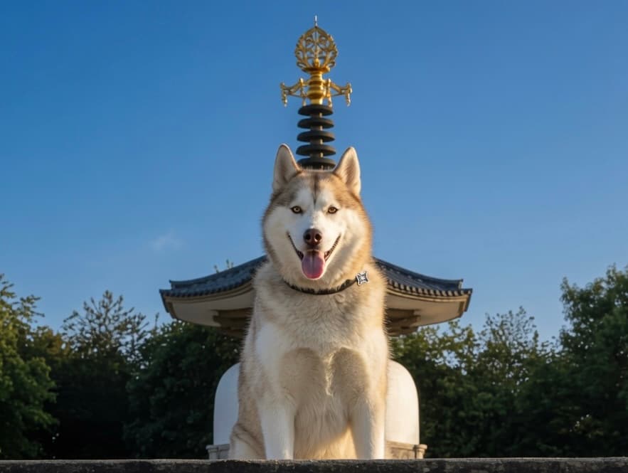 Thor sitting in front of a white peace pagoda against a clear blue sky