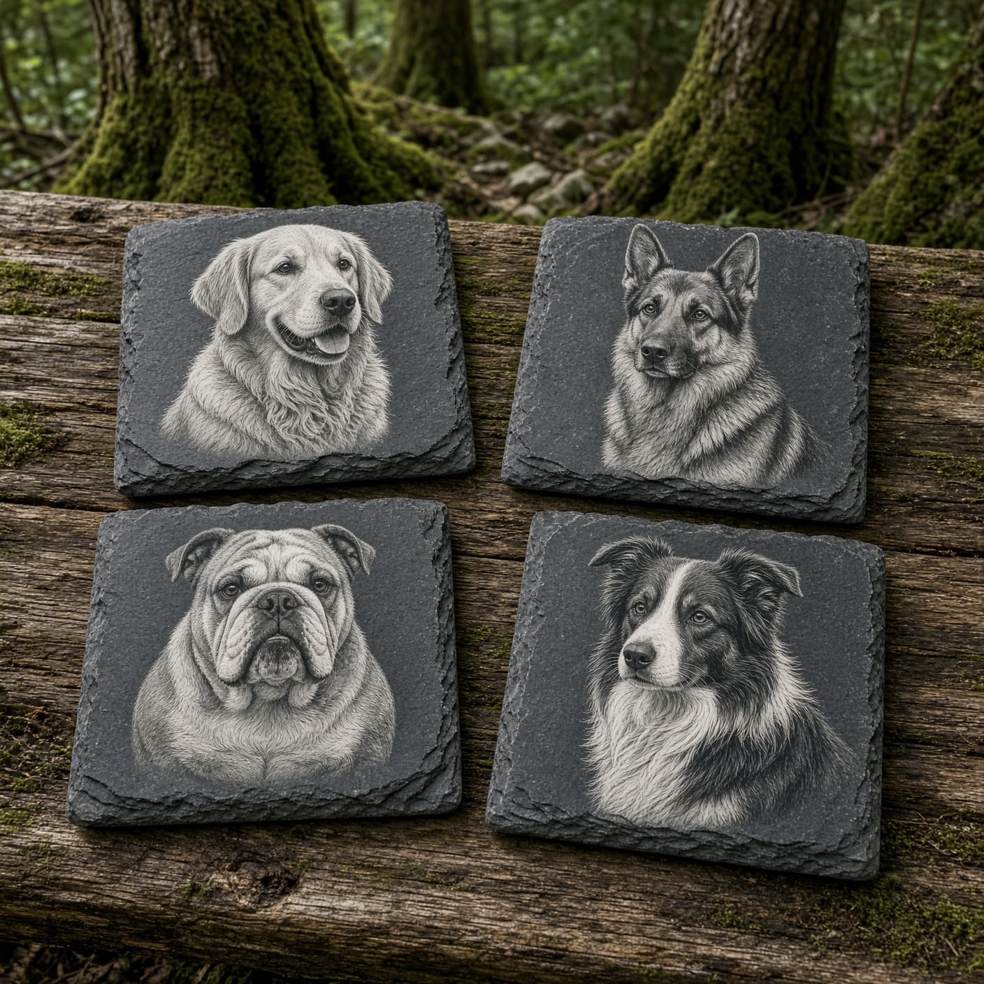 Four square slate coasters on a mossy fallen log in the woods, each engraved with a different dog — a golden retriever, German shepherd, English bulldog, and border collie