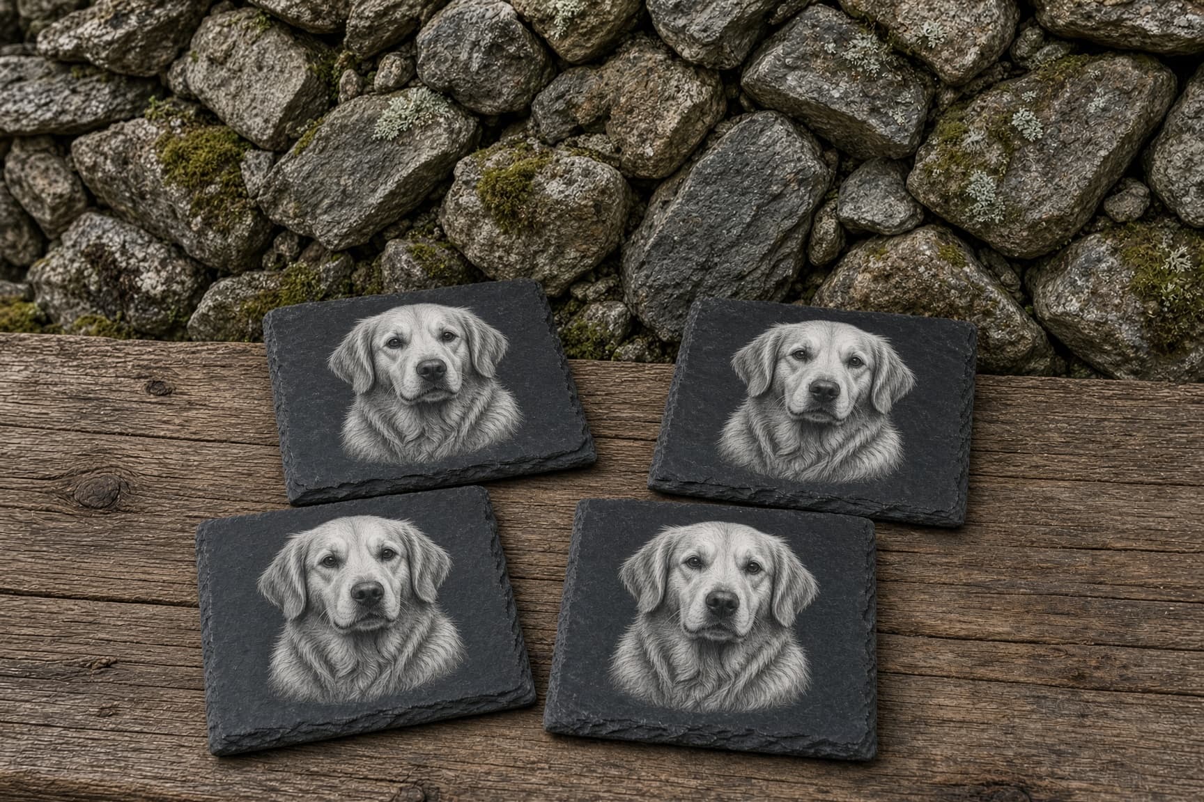 Four square slate coasters on weathered wood against a mossy stone wall, each engraved with the same golden retriever